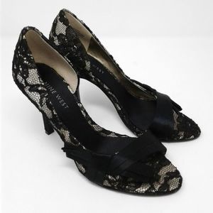 Nine West Chitty satin lace open toe pumps